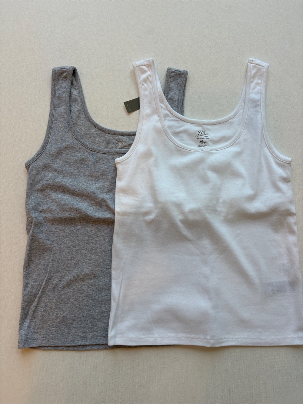 J.Crew Set/2 Perfect-Fit Shelf-Bra Tank Tops -NWT-White/Grey-Size LARGE